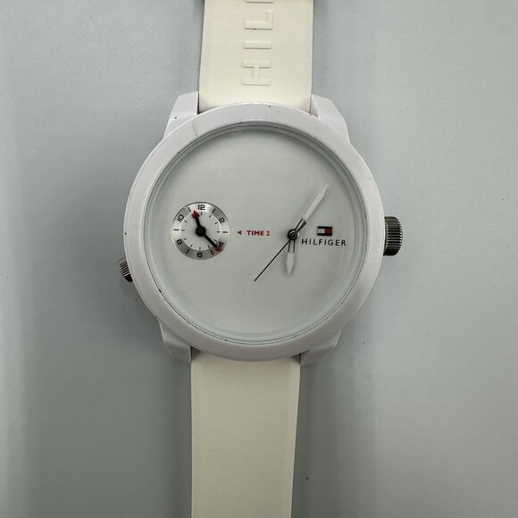 Tommy Hilfiger Watch Men White Dual Time Dial Silicone Band New Battery 10 Inch - Picture 3 of 12